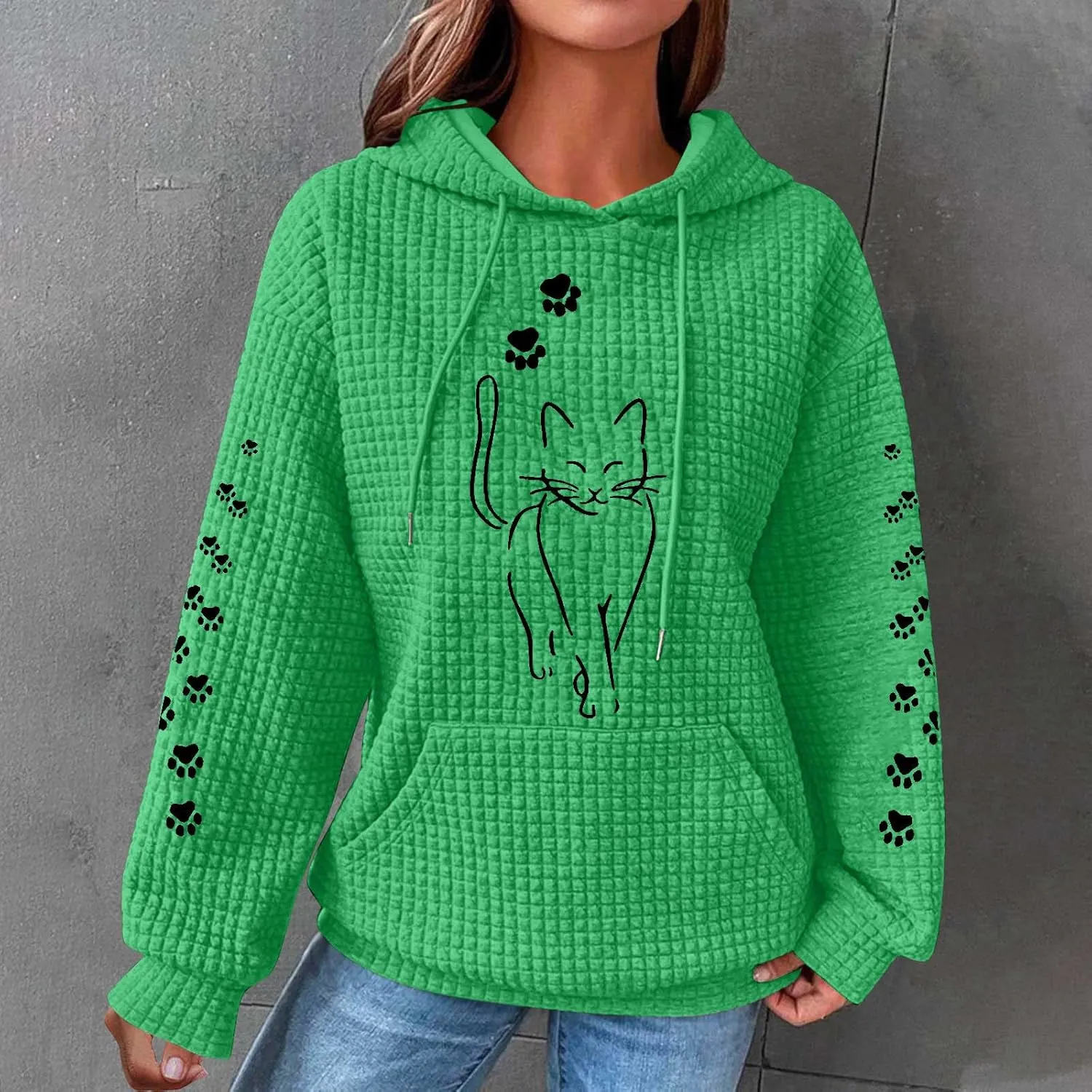 2024 Waffle Knit Hoodies for Women Cute Cat Graphic Long Sleeve Drawstring Sweatshirts Trendy Oversized Pullover Tops