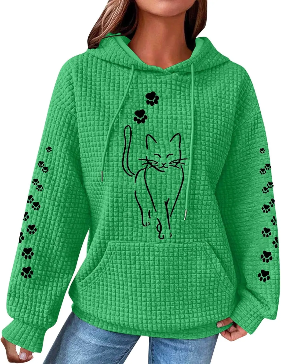 2024 Waffle Knit Hoodies for Women Cute Cat Graphic Long Sleeve Drawstring Sweatshirts Trendy Oversized Pullover Tops