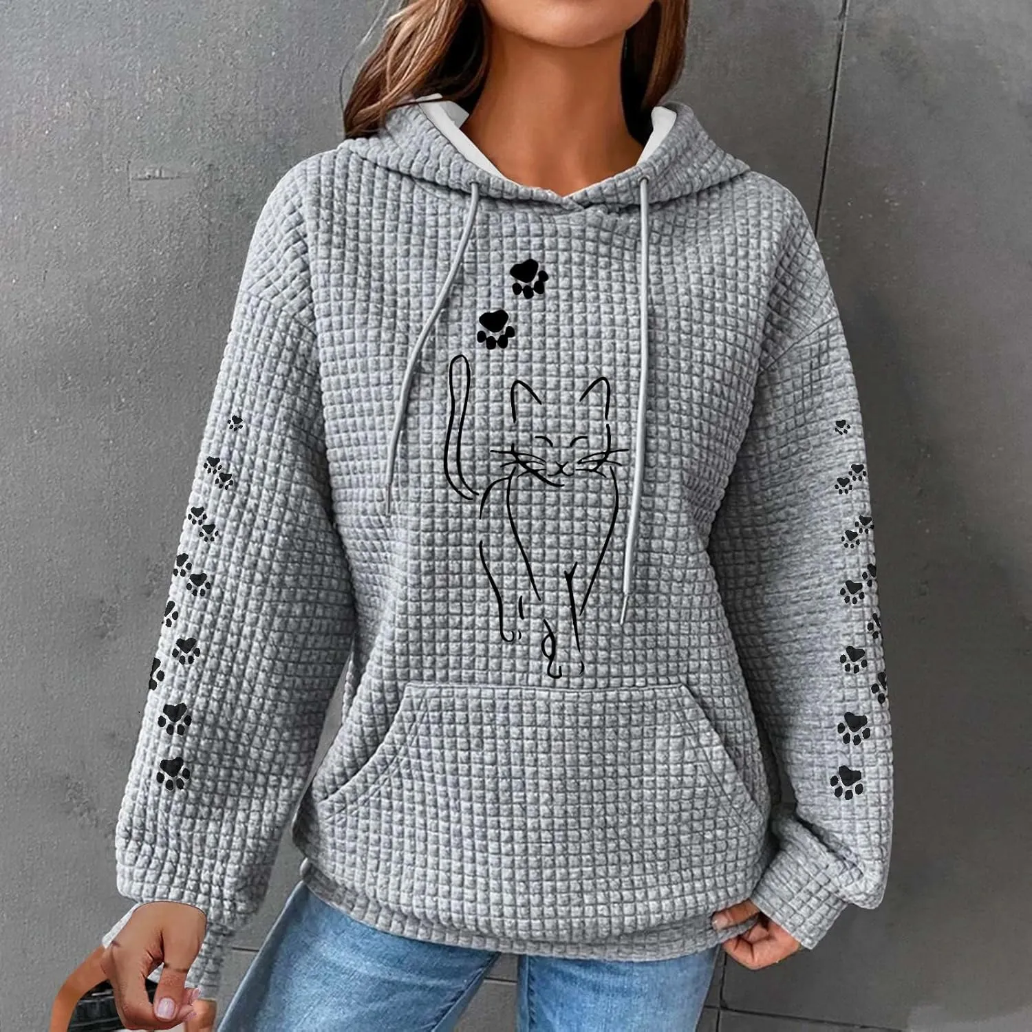 2024 Waffle Knit Hoodies for Women Cute Cat Graphic Long Sleeve Drawstring Sweatshirts Trendy Oversized Pullover Tops