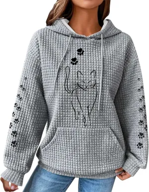 2024 Waffle Knit Hoodies for Women Cute Cat Graphic Long Sleeve Drawstring Sweatshirts Trendy Oversized Pullover Tops