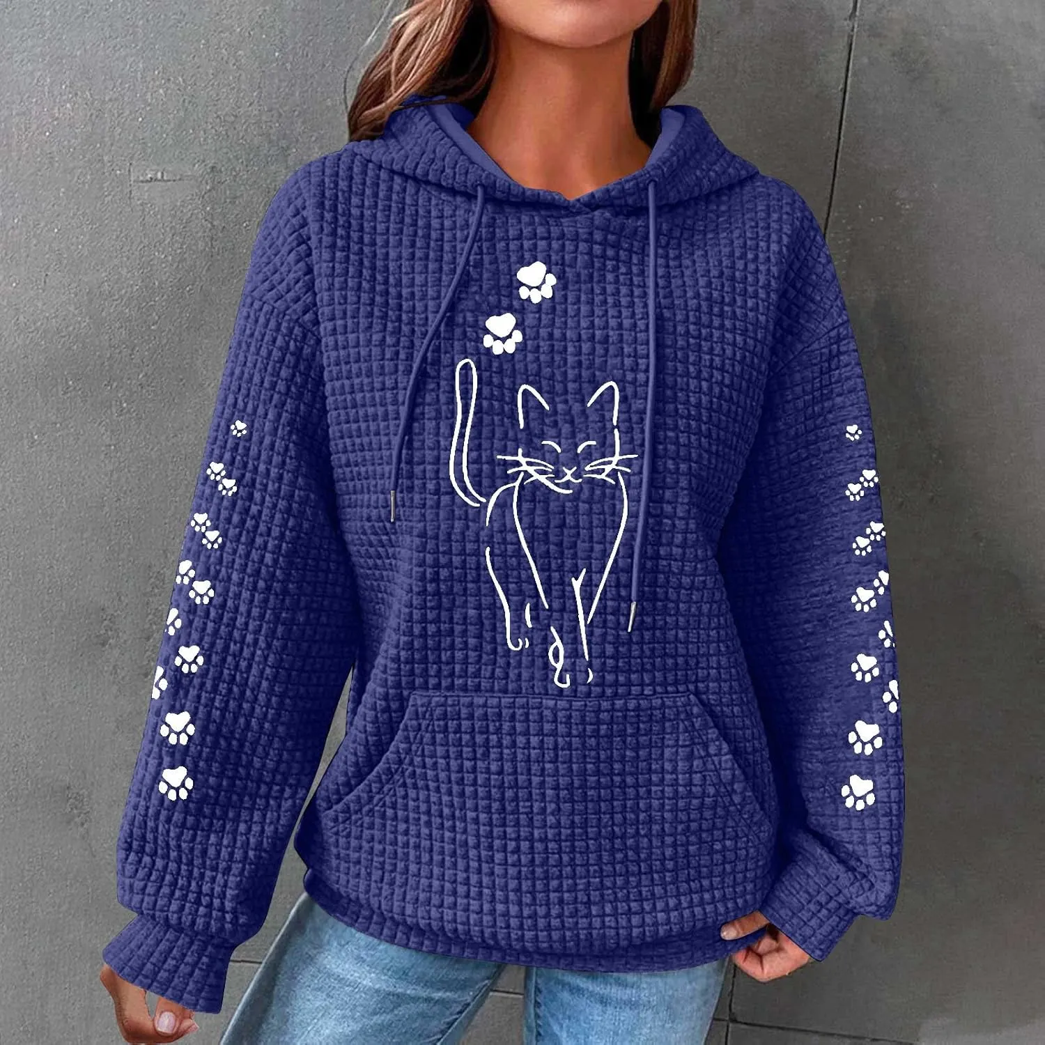2024 Waffle Knit Hoodies for Women Cute Cat Graphic Long Sleeve Drawstring Sweatshirts Trendy Oversized Pullover Tops