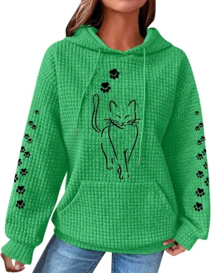 2024 Waffle Knit Hoodies for Women Cute Cat Graphic Long Sleeve Drawstring Sweatshirts Trendy Oversized Pullover Tops