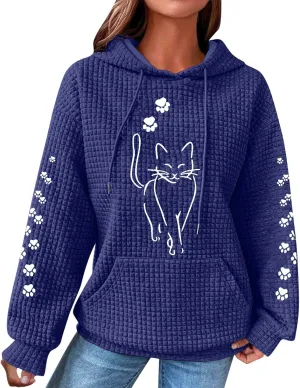2024 Waffle Knit Hoodies for Women Cute Cat Graphic Long Sleeve Drawstring Sweatshirts Trendy Oversized Pullover Tops