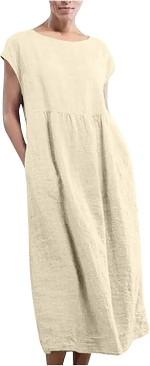 2025 Summer Dresses for Women Cap Sleeve Boho Cotton Linen Midi Dress Casual Loose Trendy Crew Neck Beach Dresses