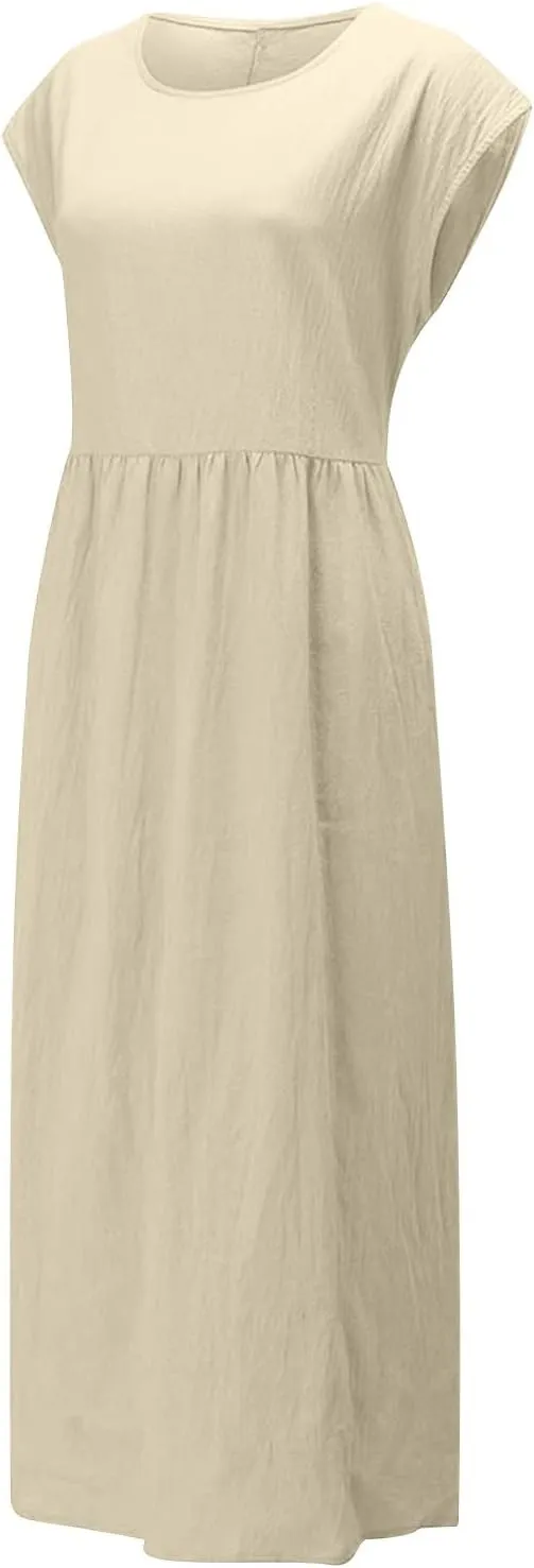 2025 Summer Dresses for Women Cap Sleeve Boho Cotton Linen Midi Dress Casual Loose Trendy Crew Neck Beach Dresses