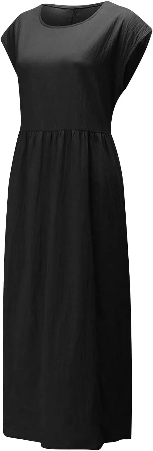 2025 Summer Dresses for Women Cap Sleeve Boho Cotton Linen Midi Dress Casual Loose Trendy Crew Neck Beach Dresses