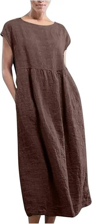 2025 Summer Dresses for Women Cap Sleeve Boho Cotton Linen Midi Dress Casual Loose Trendy Crew Neck Beach Dresses