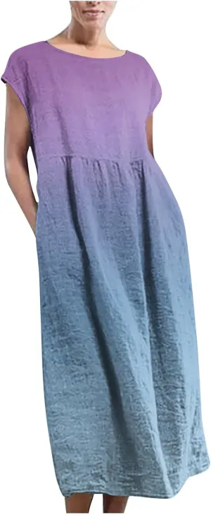 2025 Summer Dresses for Women Cap Sleeve Boho Cotton Linen Midi Dress Casual Loose Trendy Crew Neck Beach Dresses