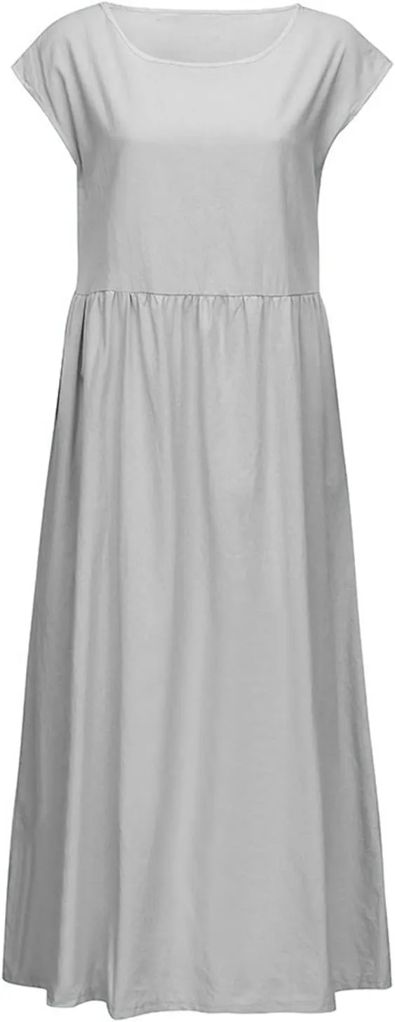 2025 Summer Dresses for Women Cap Sleeve Boho Cotton Linen Midi Dress Casual Loose Trendy Crew Neck Beach Dresses