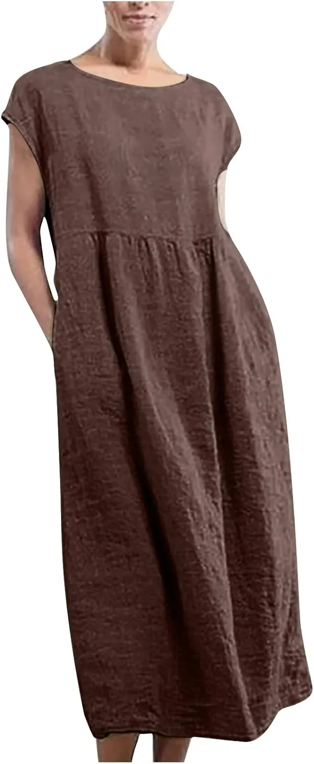 2025 Summer Dresses for Women Cap Sleeve Boho Cotton Linen Midi Dress Casual Loose Trendy Crew Neck Beach Dresses
