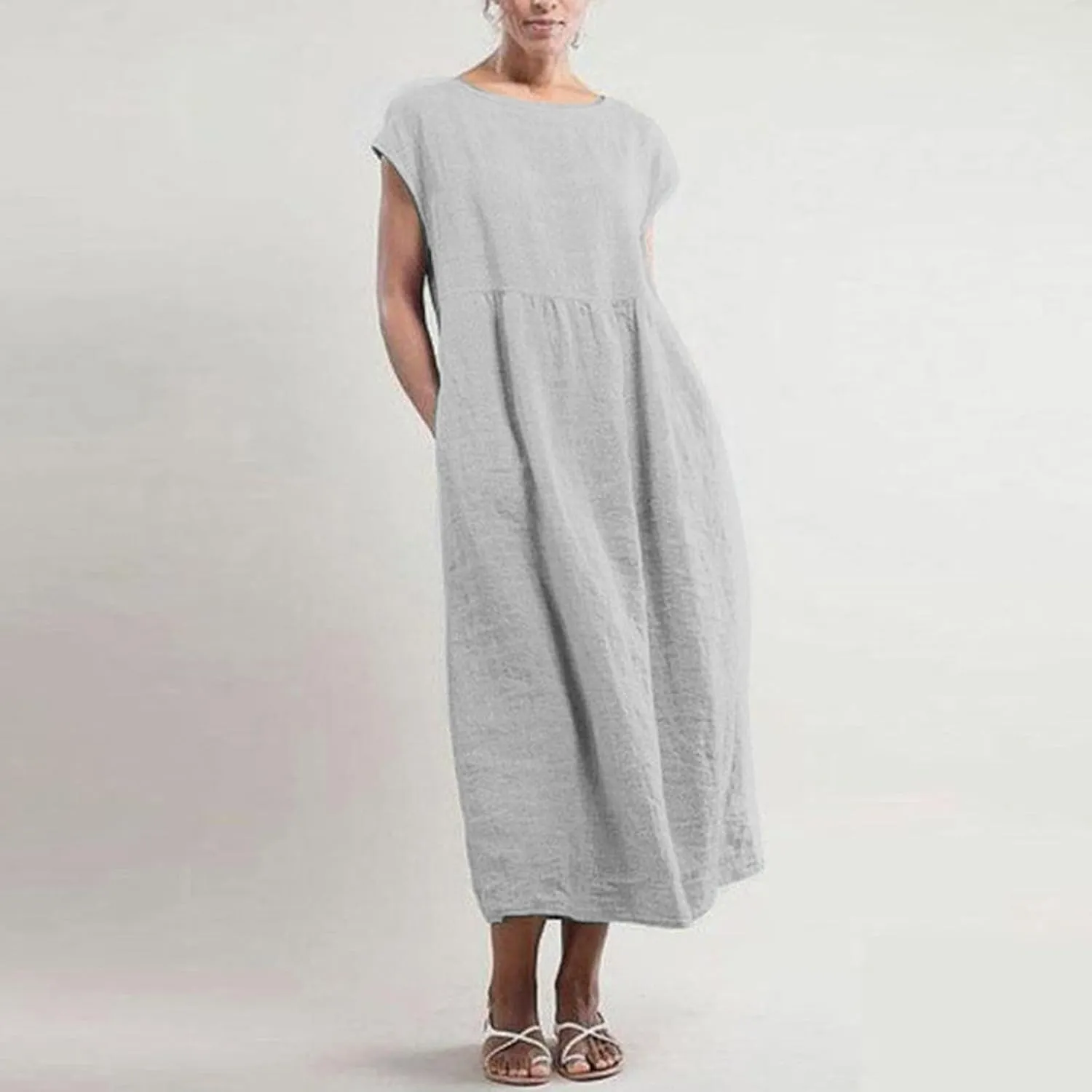 2025 Summer Dresses for Women Cap Sleeve Boho Cotton Linen Midi Dress Casual Loose Trendy Crew Neck Beach Dresses