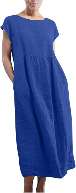 2025 Summer Dresses for Women Cap Sleeve Boho Cotton Linen Midi Dress Casual Loose Trendy Crew Neck Beach Dresses