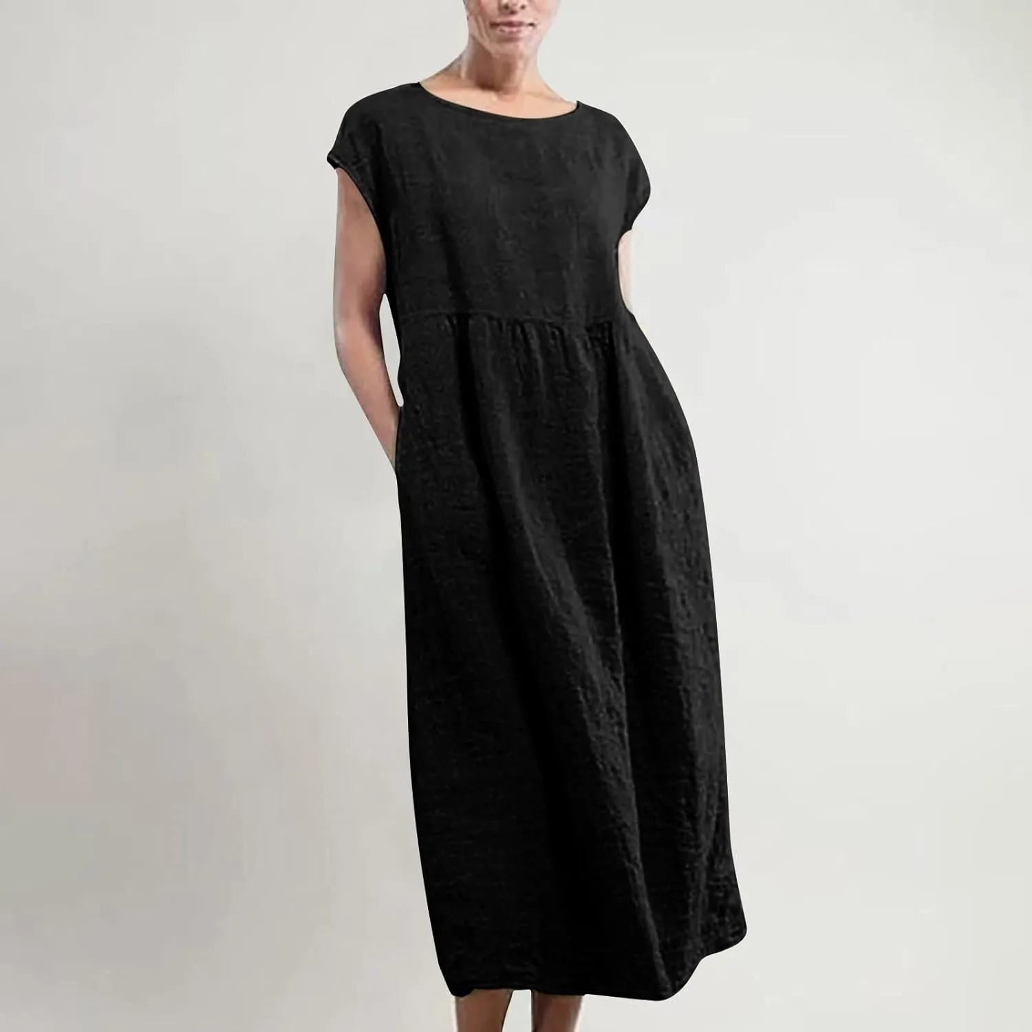 2025 Summer Dresses for Women Cap Sleeve Boho Cotton Linen Midi Dress Casual Loose Trendy Crew Neck Beach Dresses