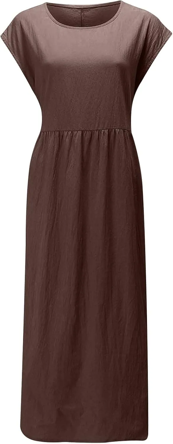 2025 Summer Dresses for Women Cap Sleeve Boho Cotton Linen Midi Dress Casual Loose Trendy Crew Neck Beach Dresses