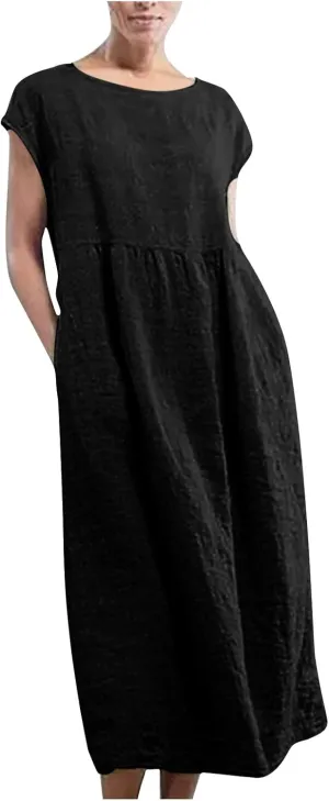 2025 Summer Dresses for Women Cap Sleeve Boho Cotton Linen Midi Dress Casual Loose Trendy Crew Neck Beach Dresses