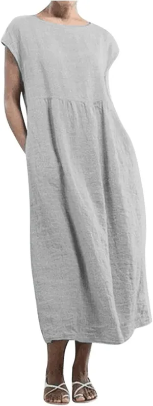 2025 Summer Dresses for Women Cap Sleeve Boho Cotton Linen Midi Dress Casual Loose Trendy Crew Neck Beach Dresses