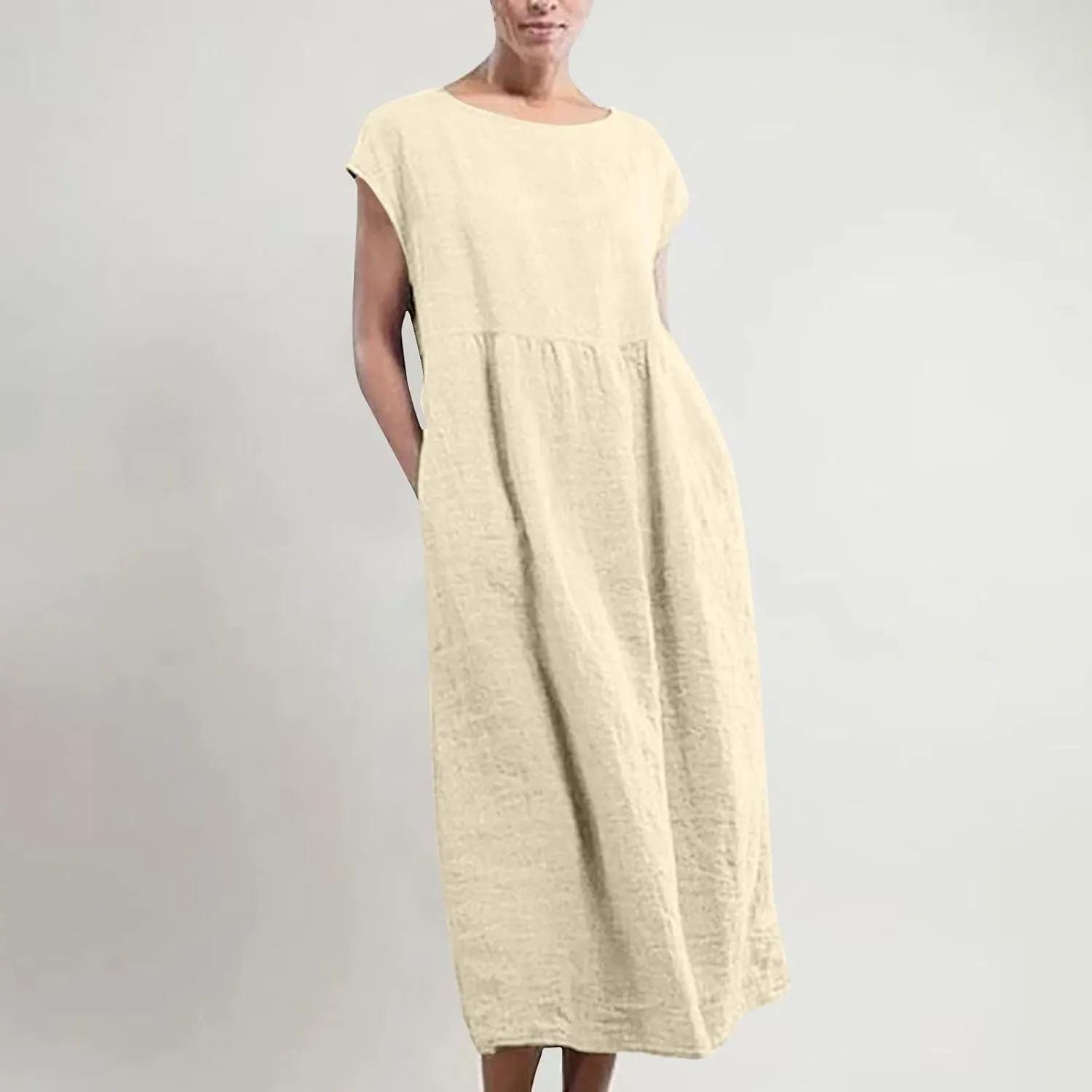 2025 Summer Dresses for Women Cap Sleeve Boho Cotton Linen Midi Dress Casual Loose Trendy Crew Neck Beach Dresses