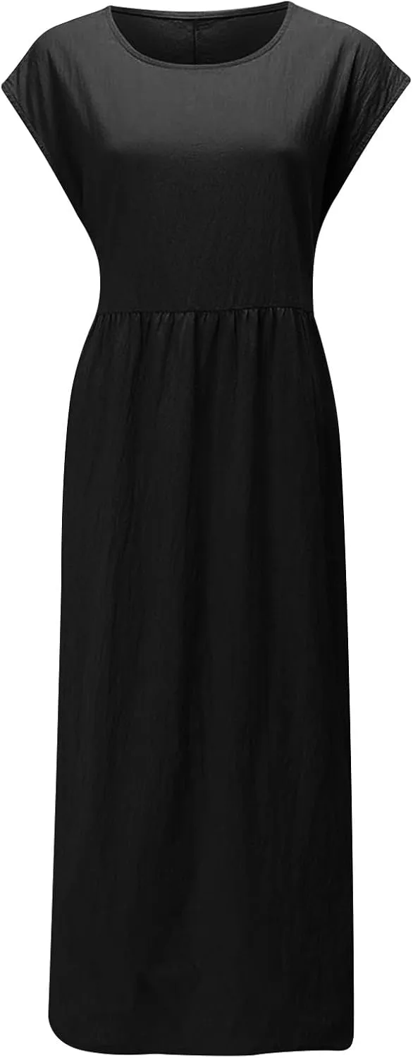 2025 Summer Dresses for Women Cap Sleeve Boho Cotton Linen Midi Dress Casual Loose Trendy Crew Neck Beach Dresses