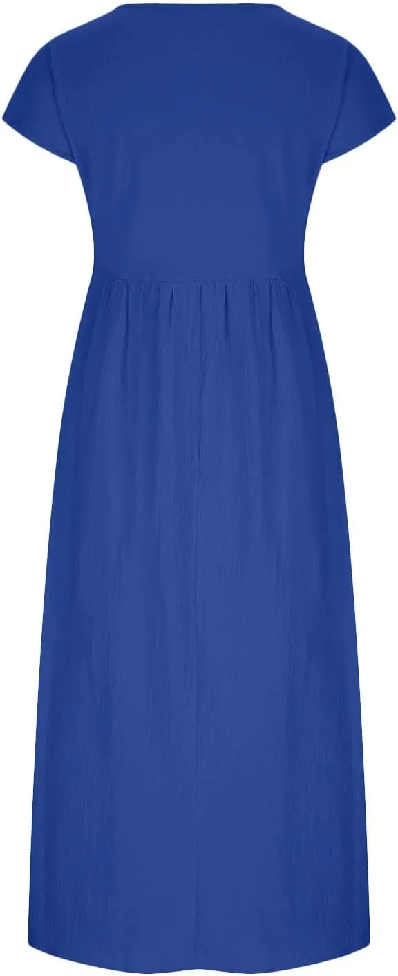 2025 Summer Dresses for Women Cap Sleeve Boho Cotton Linen Midi Dress Casual Loose Trendy Crew Neck Beach Dresses