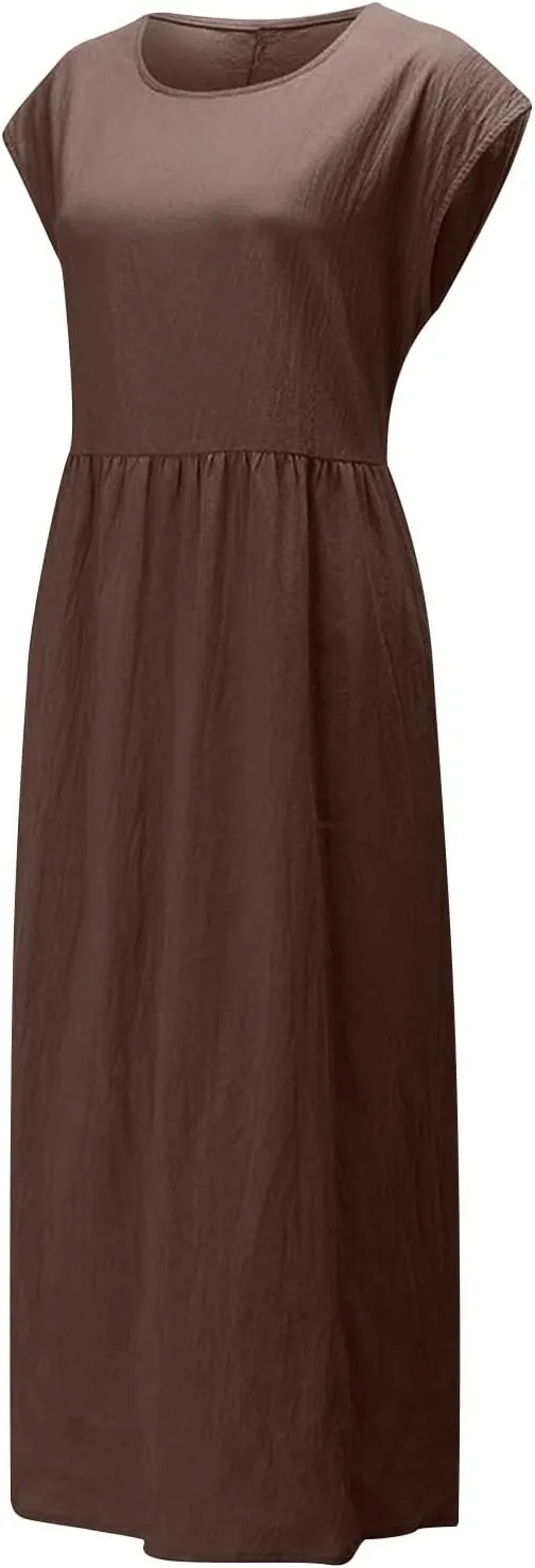 2025 Summer Dresses for Women Cap Sleeve Boho Cotton Linen Midi Dress Casual Loose Trendy Crew Neck Beach Dresses