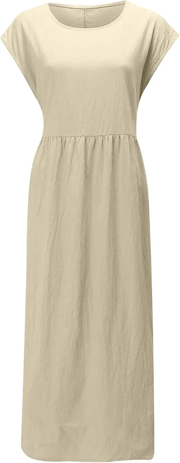 2025 Summer Dresses for Women Cap Sleeve Boho Cotton Linen Midi Dress Casual Loose Trendy Crew Neck Beach Dresses