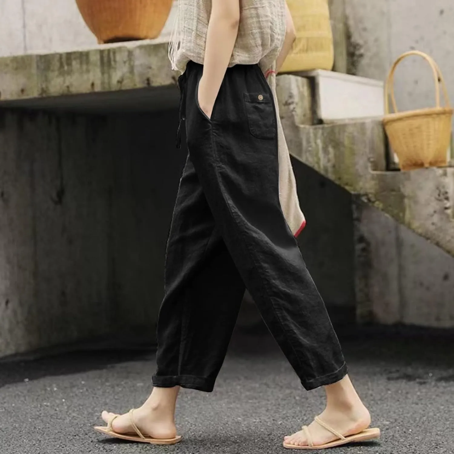 2025 Summer Womens Cotton Linen Pants Drawstring Straight Leg High Elastic Waist Trendy Beach Trousers with Pockets