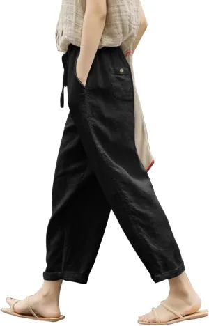 2025 Summer Womens Cotton Linen Pants Drawstring Straight Leg High Elastic Waist Trendy Beach Trousers with Pockets
