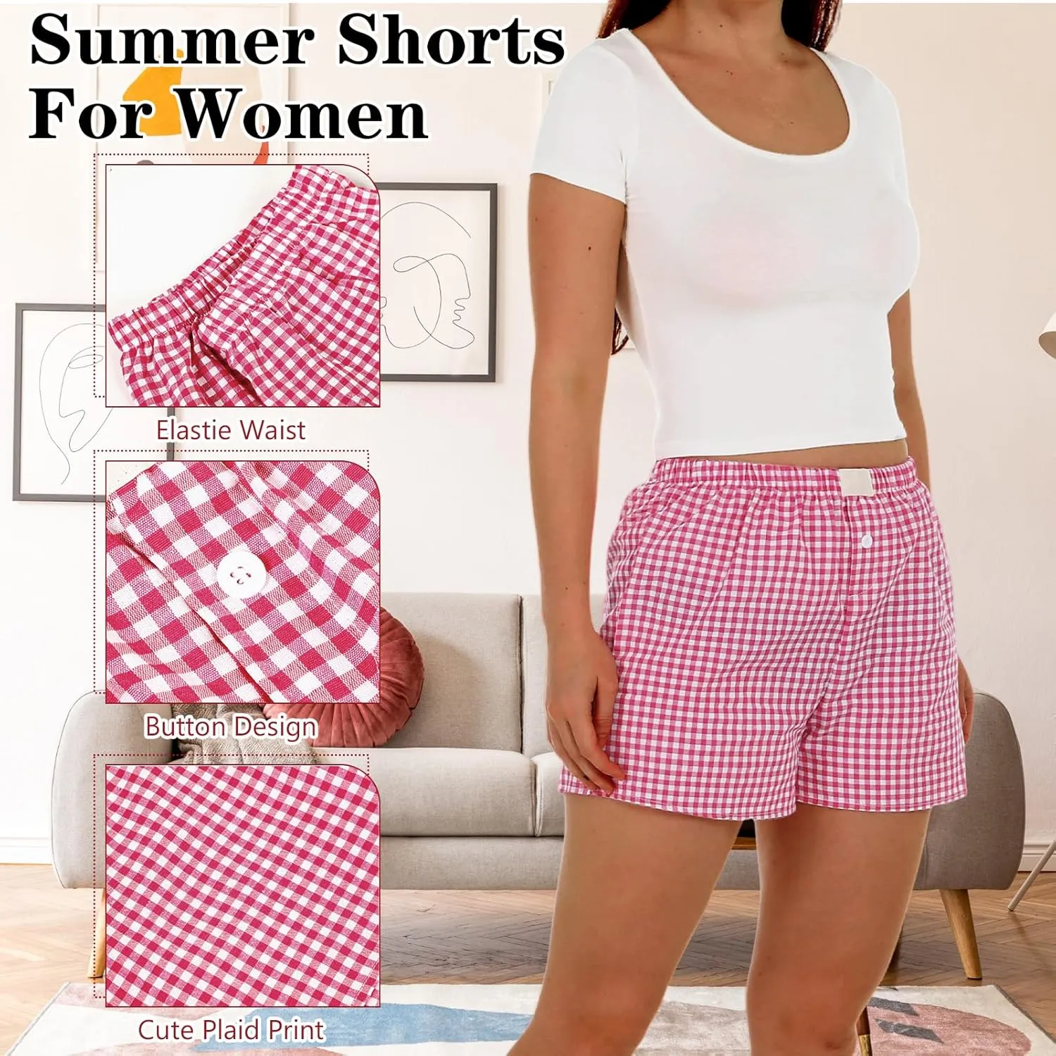 3 Pack Women's Boxer Shorts, Casual Summer Pajama Gingham Shorts Sleep Plaid Pants Lounge Y2k Beach Bottoms 2025