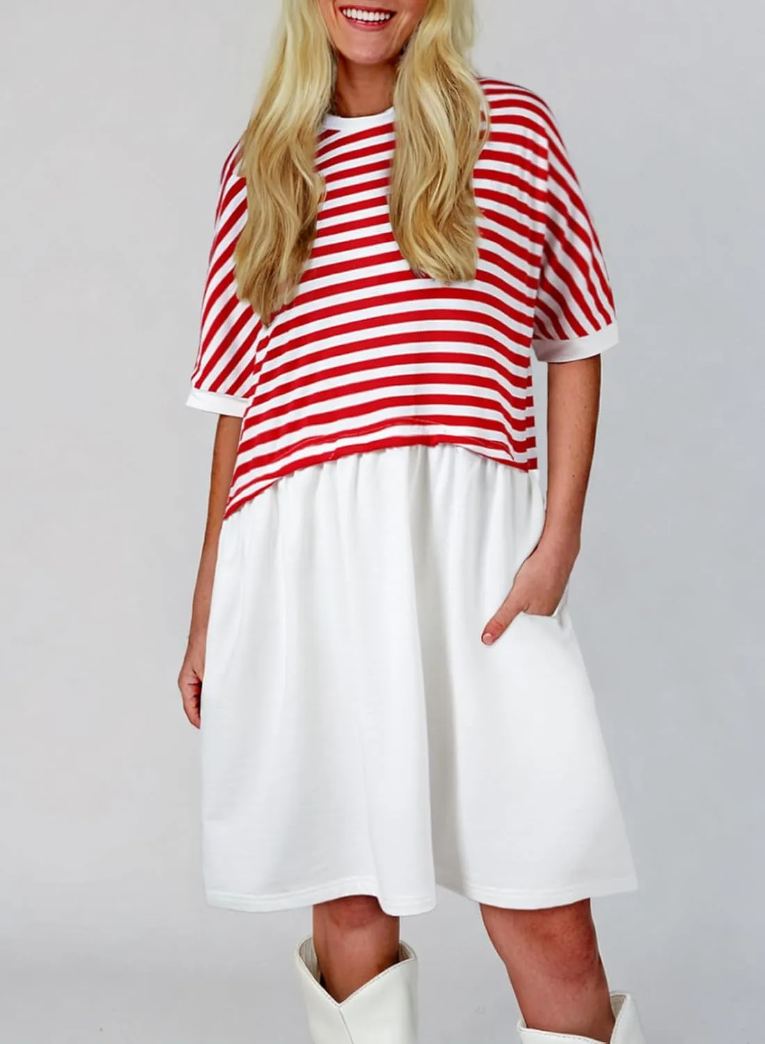 Acelitt Women Casual Summer Short Sleeve Crewneck Striped Dresses Loose Tshirt Dress,S-2XL