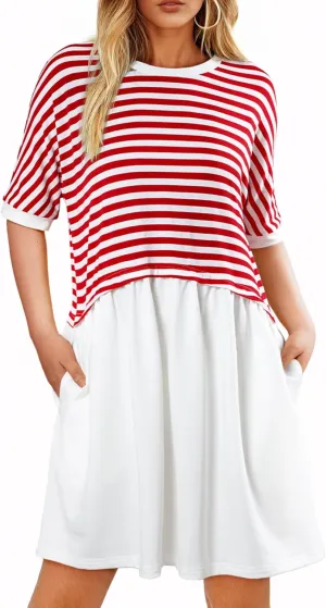 Acelitt Women Casual Summer Short Sleeve Crewneck Striped Dresses Loose Tshirt Dress,S-2XL