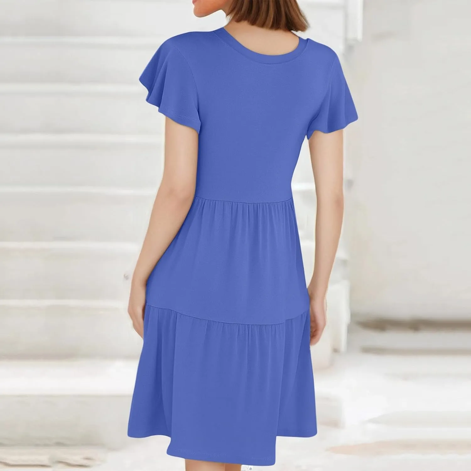 ADHOWBEW Dresses for Women 2025 Vacation Elegant O Neck Casual Trendy Floral Empire Waist Short Sleeve Dresses