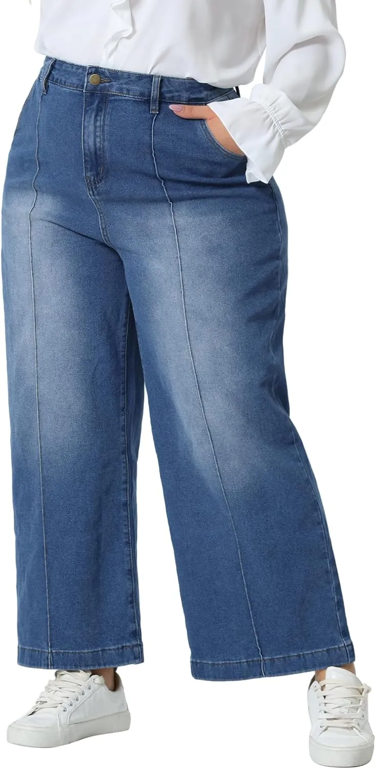 Agnes Orinda Plus Size Jeans for Women Wide Leg Baggy Washed Stretch with Pockets Denim Ankle Pants