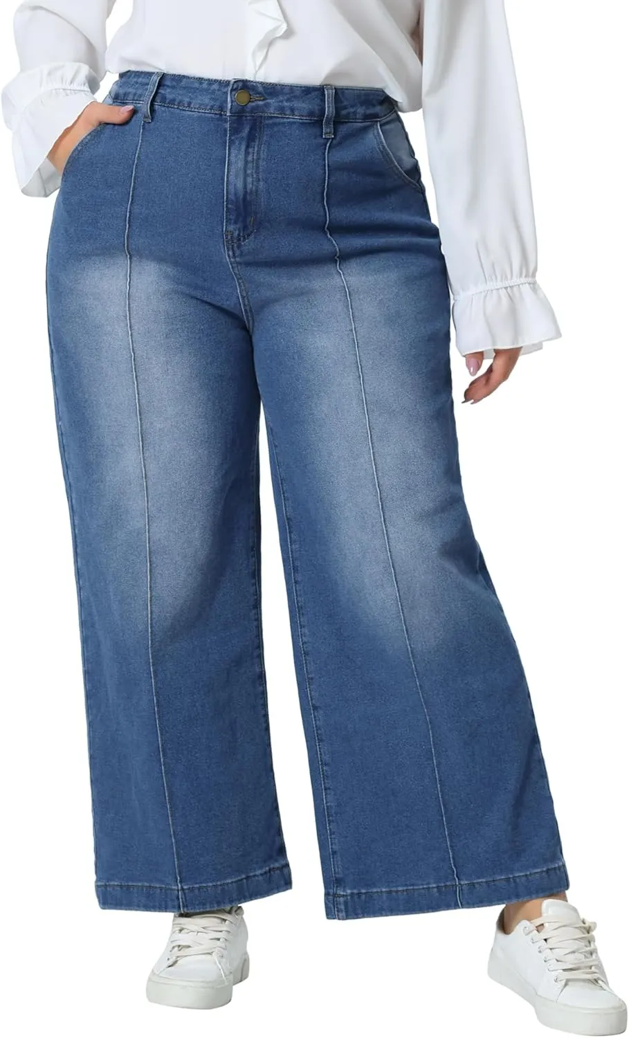 Agnes Orinda Plus Size Jeans for Women Wide Leg Baggy Washed Stretch with Pockets Denim Ankle Pants