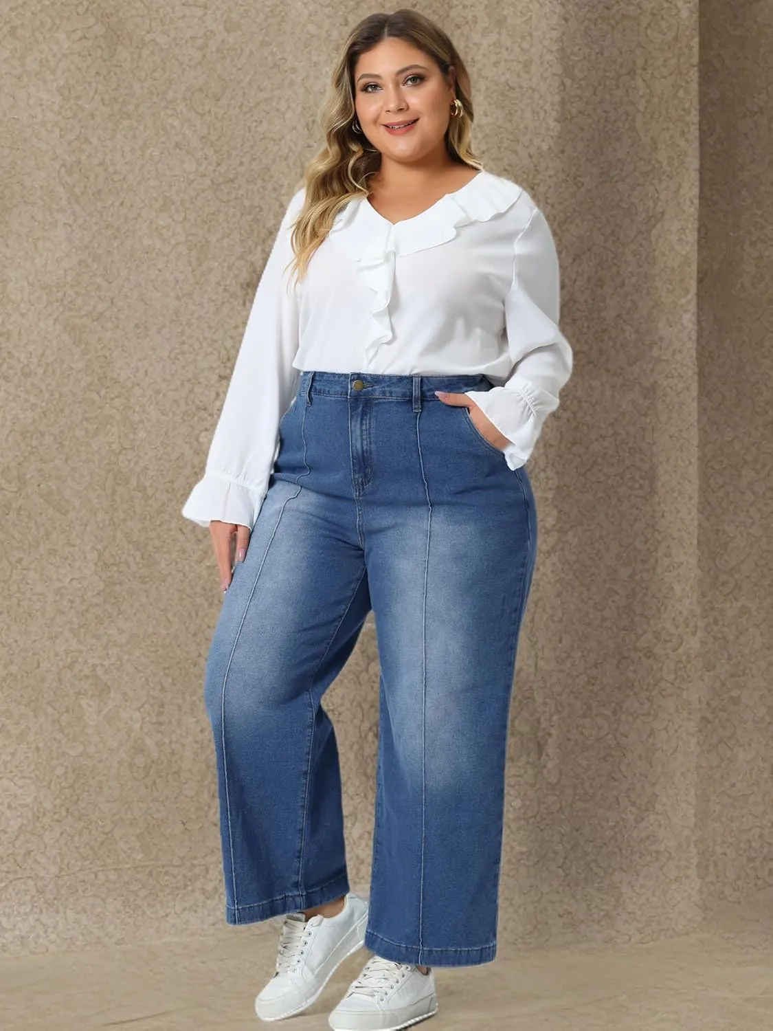 Agnes Orinda Plus Size Jeans for Women Wide Leg Baggy Washed Stretch with Pockets Denim Ankle Pants