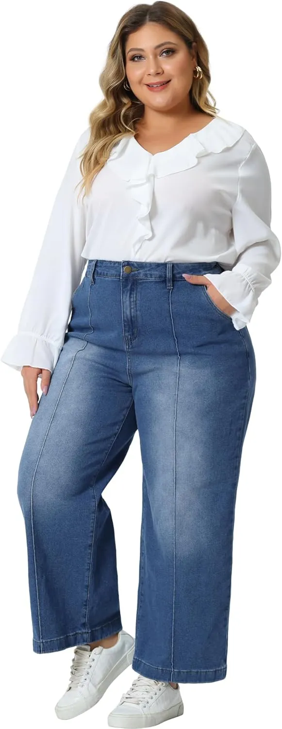 Agnes Orinda Plus Size Jeans for Women Wide Leg Baggy Washed Stretch with Pockets Denim Ankle Pants