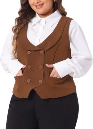 Agnes Orinda Plus Size Suit Vest for Women Double Breasted Vintage Lapel Collar Dressy Waistcoat Vest with 2 Pockets