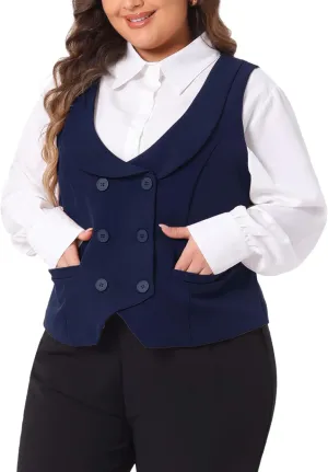 Agnes Orinda Plus Size Suit Vest for Women Double Breasted Vintage Lapel Collar Dressy Waistcoat Vest with 2 Pockets
