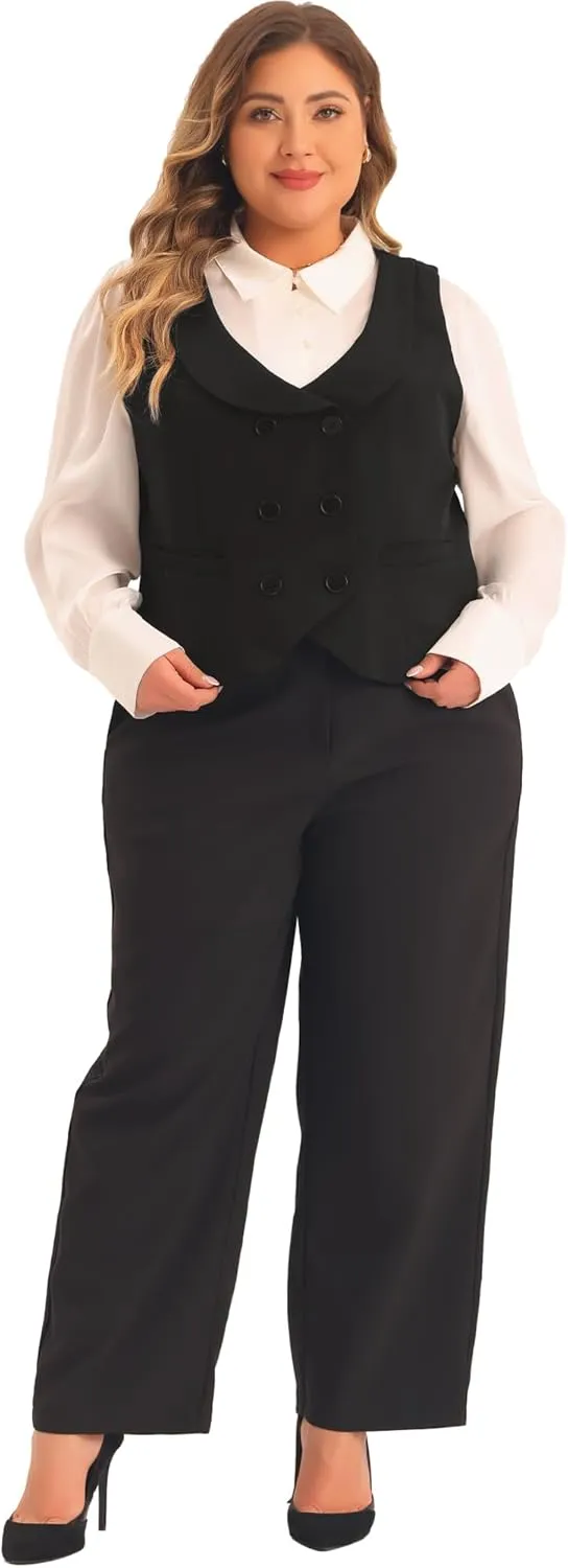 Agnes Orinda Plus Size Suit Vest for Women Double Breasted Vintage Lapel Collar Dressy Waistcoat Vest with 2 Pockets