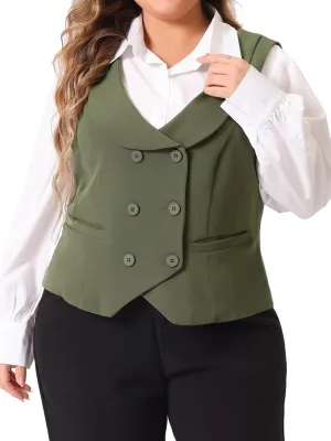 Agnes Orinda Plus Size Suit Vest for Women Double Breasted Vintage Lapel Collar Dressy Waistcoat Vest with 2 Pockets