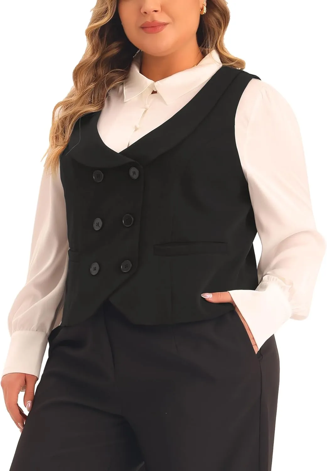 Agnes Orinda Plus Size Suit Vest for Women Double Breasted Vintage Lapel Collar Dressy Waistcoat Vest with 2 Pockets
