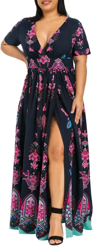 aihihe Plus Size Maxi Dresses for Women V Neck Floral Printed Slit Side Summer Casual Loose Short Sleeve Long Dress