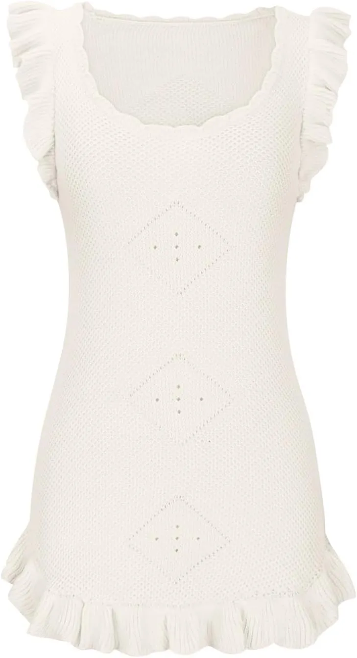 Akklian Womens Summer Mini Dresses Casual Scoop Neck Knitted Ruffle Hem Bodycon Tank Sundress Elegant Crochet Beach Dress