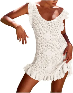 Akklian Womens Summer Mini Dresses Casual Scoop Neck Knitted Ruffle Hem Bodycon Tank Sundress Elegant Crochet Beach Dress