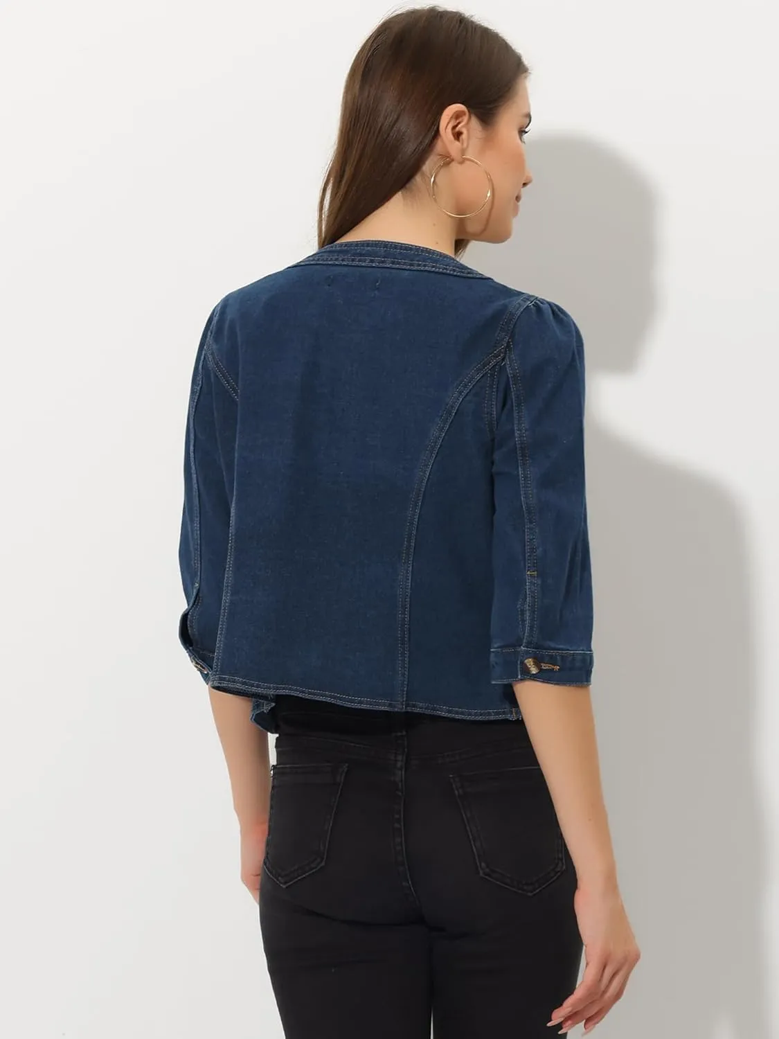 Allegra K Denim Jacket for Women's Collarless 2025 Cardigan 3/4 Sleeve Crop Jean Jackets