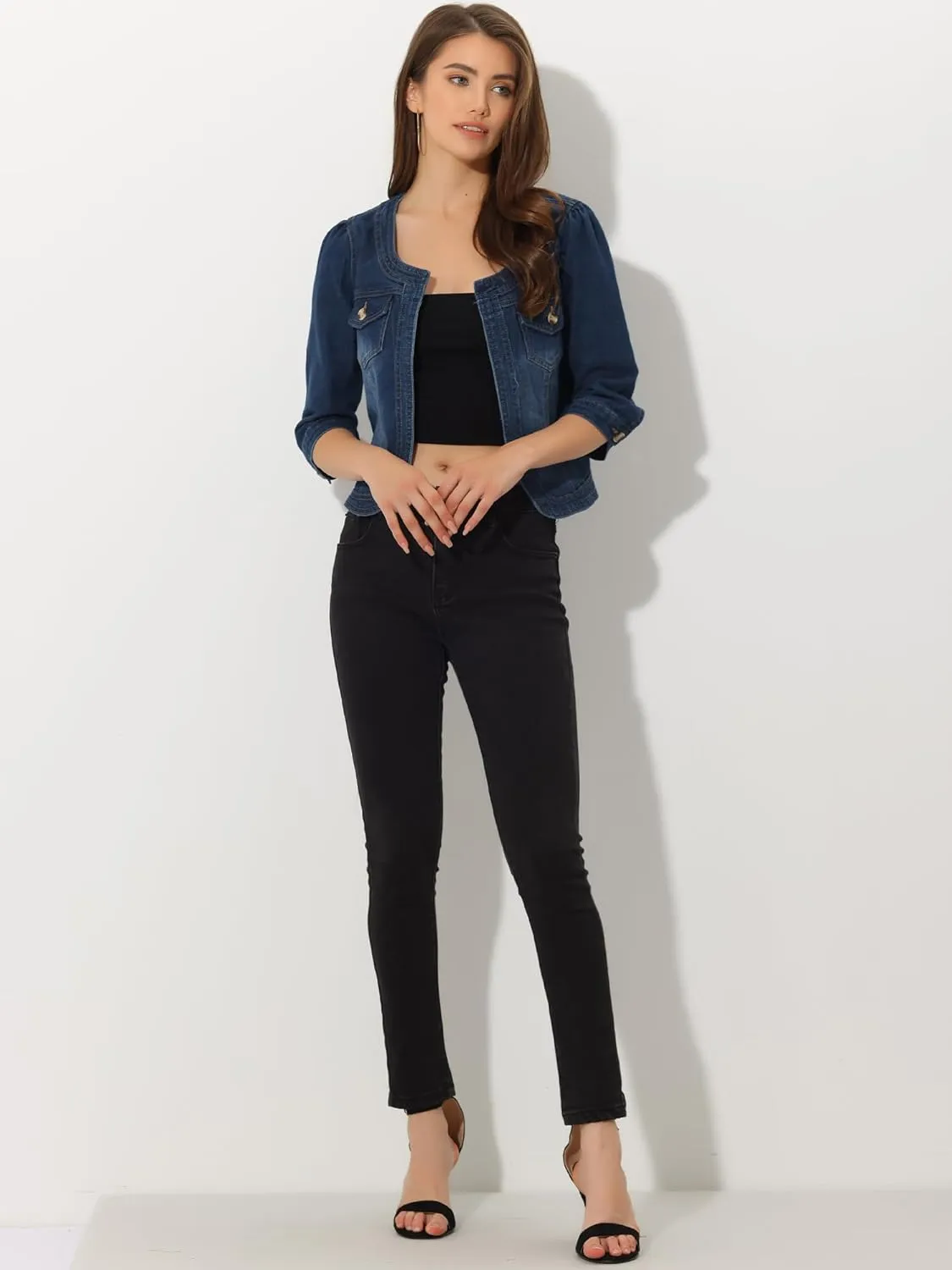 Allegra K Denim Jacket for Women's Collarless 2025 Cardigan 3/4 Sleeve Crop Jean Jackets