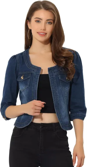 Allegra K Denim Jacket for Women's Collarless 2025 Cardigan 3/4 Sleeve Crop Jean Jackets
