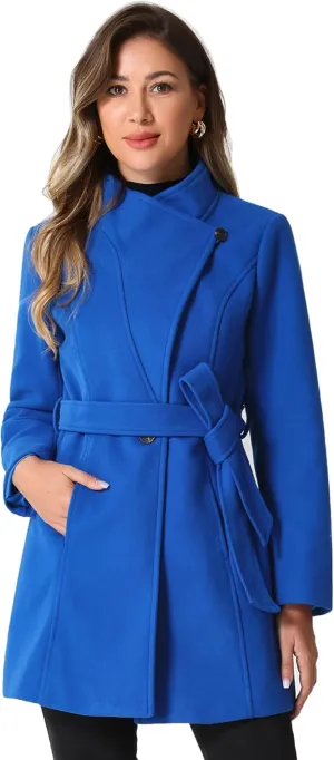 Allegra K Women's Classic Stand Collar Long Sleeve Winter Belted Long Coat