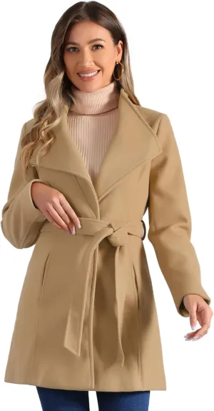 Allegra K Women's Classic Stand Collar Long Sleeve Winter Belted Long Coat