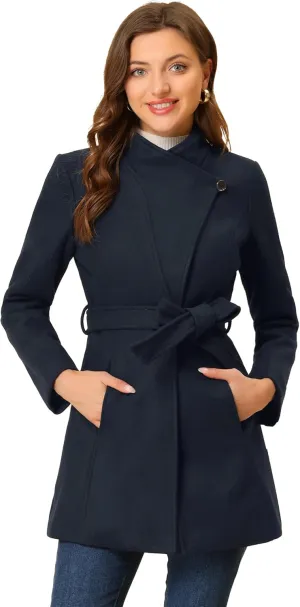 Allegra K Women's Classic Stand Collar Long Sleeve Winter Belted Long Coat