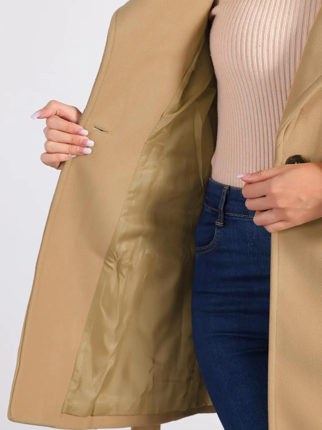 Allegra K Women's Classic Stand Collar Long Sleeve Winter Belted Long Coat